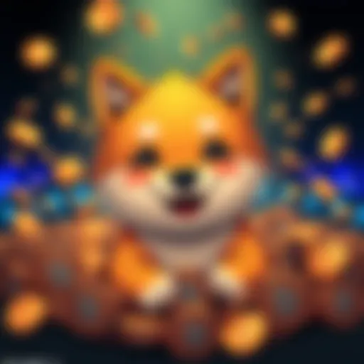 A cartoon Shiba Inu dog surrounded by cryptocurrency coins, smiling and looking playful, representing Doge's fun nature in the crypto scene.