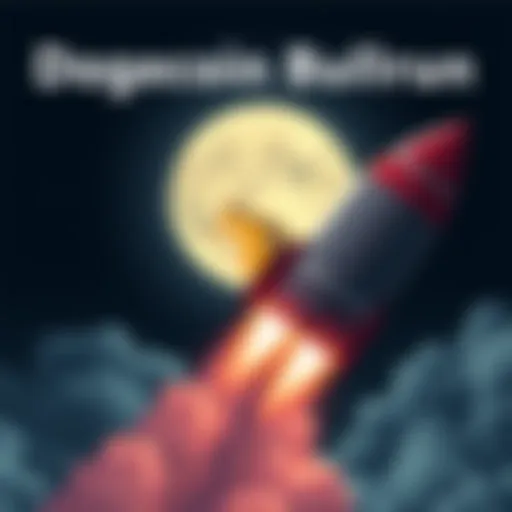 A rocket with the Dogecoin logo flying towards a full moon, symbolizing the excitement of a potential bullrun.