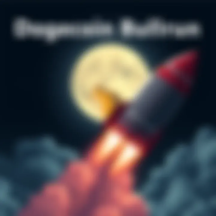 A rocket with the Dogecoin logo flying towards a full moon, symbolizing the excitement of a potential bullrun.