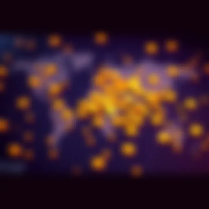 Dogecoin coins scattered on a world map A visual representation of Dogecoin coins across a world map, highlighting the distribution among 8.1 billion people