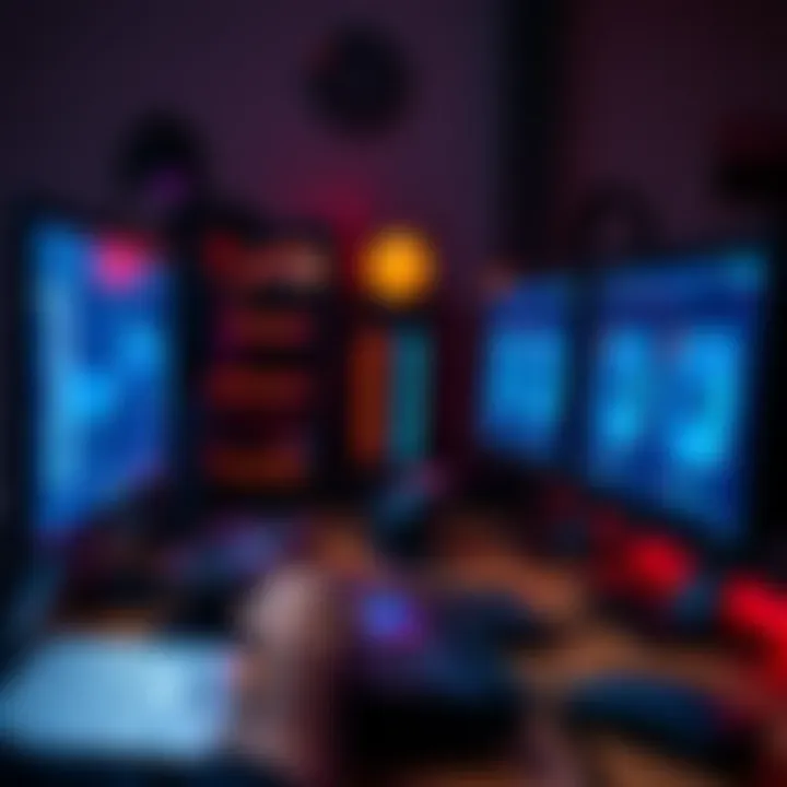 A person setting up computer equipment for Dogecoin mining, with graphics cards and screens displaying mining software.