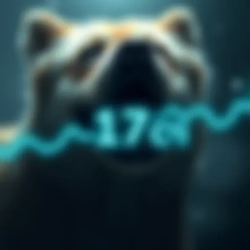 A graphic showing a downward trend of Dogecoin's value below 17 cents, with dog-themed visuals in the background.