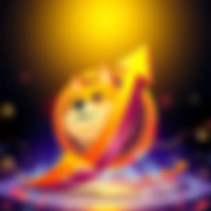 Illustration of a Dogecoin logo with an upward arrow indicating price growth
