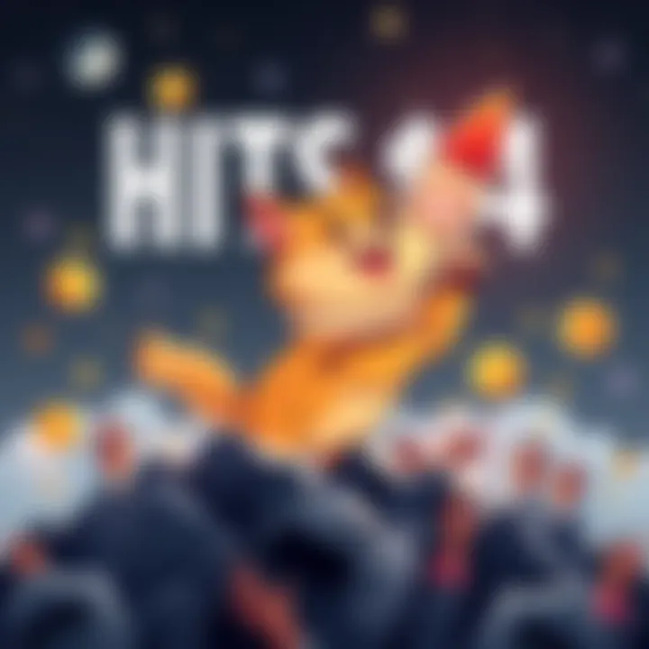 A cartoon dog with a rocket, symbolizing Dogecoin's rise to $4, surrounded by excited investors celebrating the milestone.