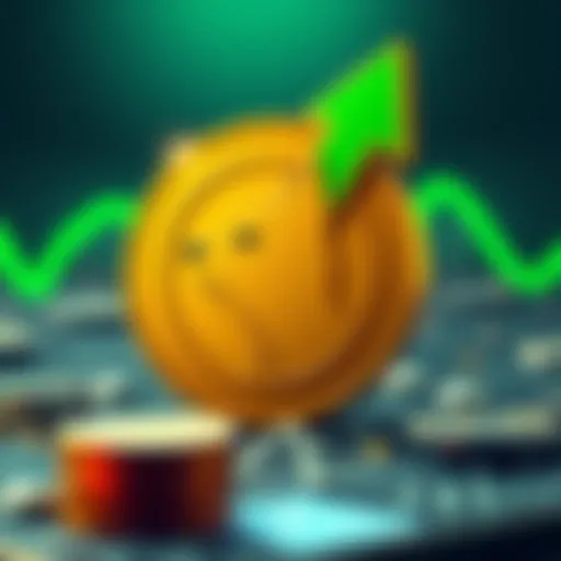 A Dogecoin symbol with a green upward arrow, indicating positive developments for the cryptocurrency