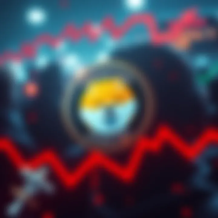 A graphic showing the Dogecoin logo with arrows indicating a decline in value