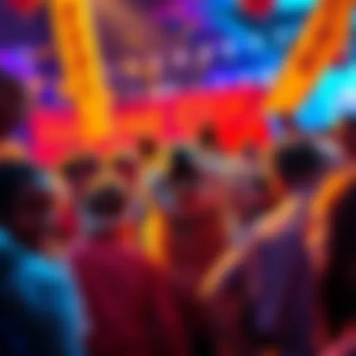 A joyful Dogecoin community gathering celebrating the achievements of Dogecoin with banners and smiles.