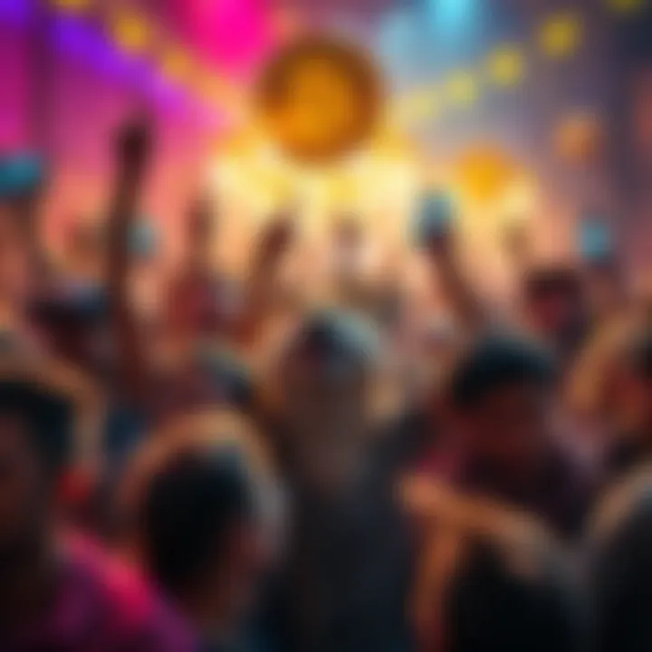A vibrant gathering of Dogecoin fans celebrating together with a festive atmosphere and happy expressions.