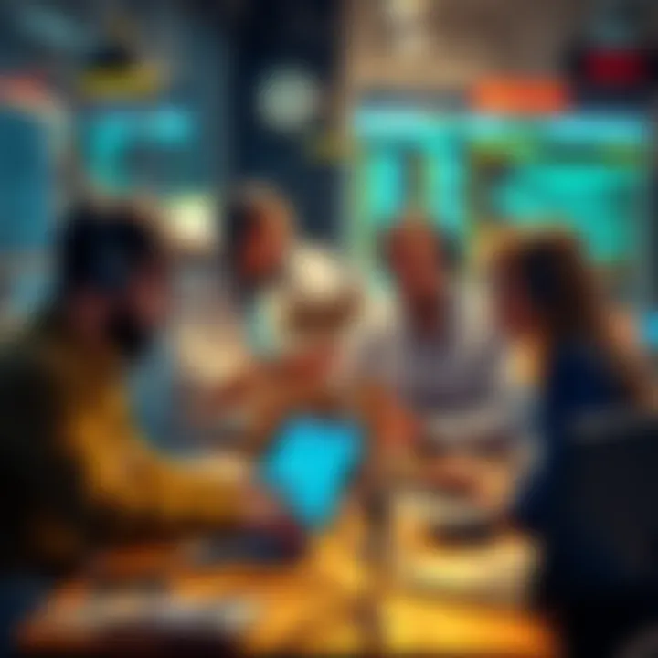 A diverse group of developers collaborating on Dogecoin projects, showing teamwork and digital tools