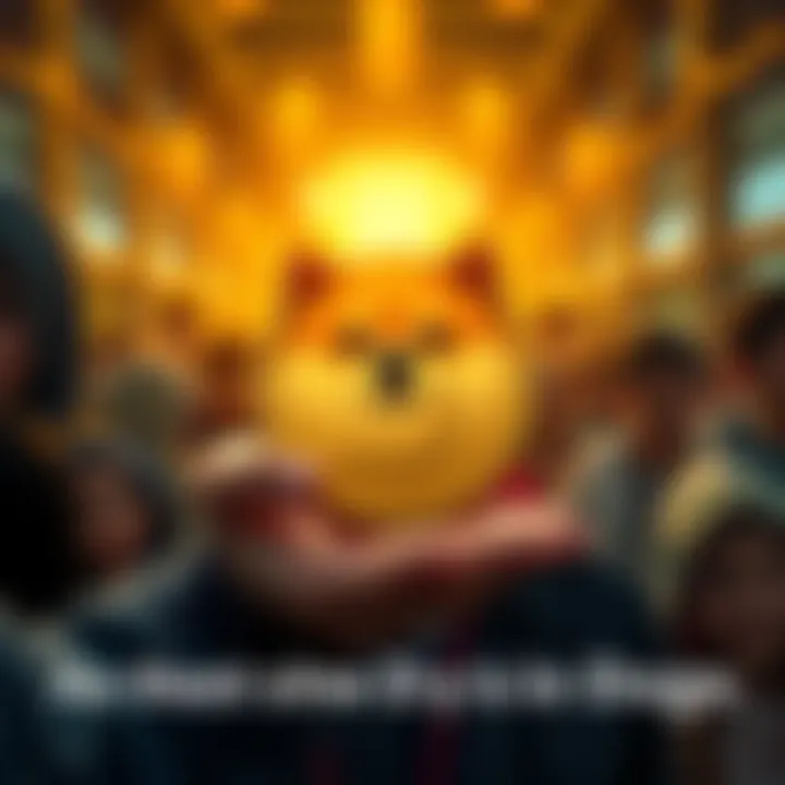 A person holding a Dogecoin symbol with a nostalgic expression, surrounded by a supportive community atmosphere