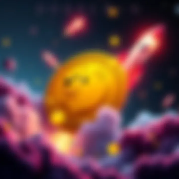 A Dogecoin symbol surrounded by rockets, symbolizing growth in the cryptocurrency market, with vibrant colors suggesting excitement and energy.