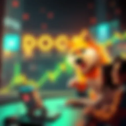 A representation of Dogecoin's price rising on a chart with excited crypto enthusiasts discussing it online.