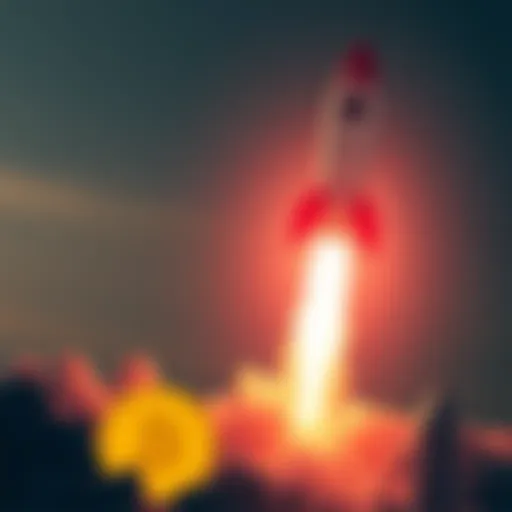 A rocket launches with the Dogecoin logo in the foreground, symbolizing potential price surge.
