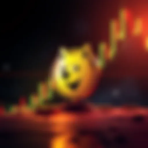 Illustration of a Dogecoin symbol in front of a resistance line on a price chart, indicating a critical test of price levels.