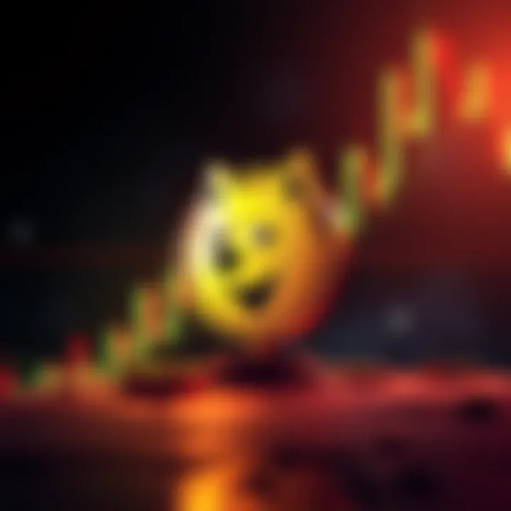 Illustration of a Dogecoin symbol in front of a resistance line on a price chart, indicating a critical test of price levels.