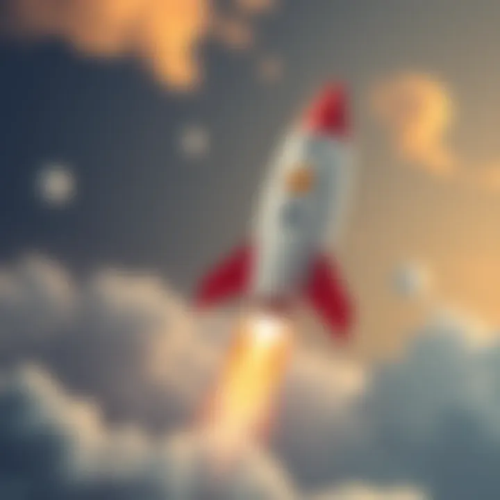 A cartoon rocket with a Dogecoin symbol taking off into the sky, symbolizing the potential rise of Dogecoin to $1.