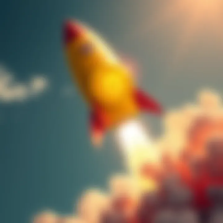 A rocket with the Dogecoin logo soaring into the sky, symbolizing the potential growth of Dogecoin in the cryptocurrency market.