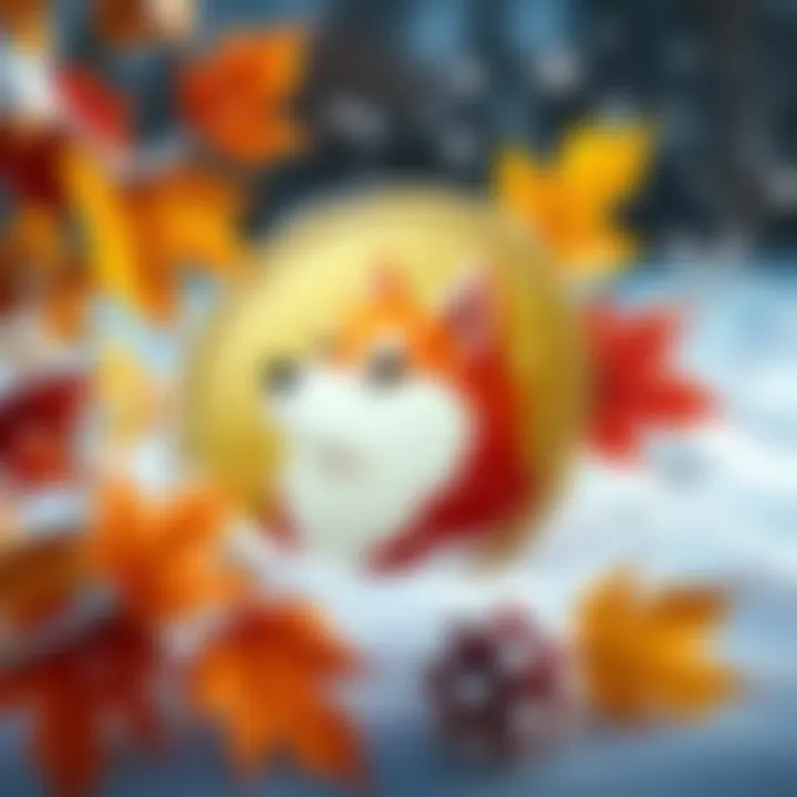 The Dogecoin symbol surrounded by autumn leaves and snowflakes, representing fall predictions and winter challenges.