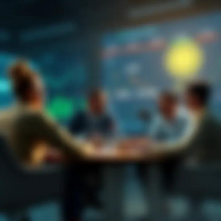 A group of investors discussing strategies for selling Dogecoin, with charts and graphs showing potential price movements, centered around the $1.00 target.
