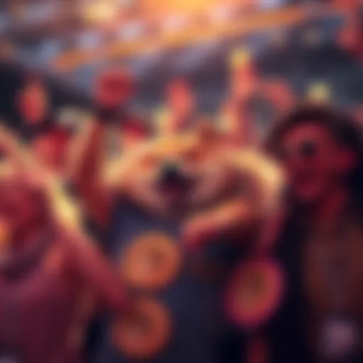 Group of enthusiastic Dogecoin fans cheering with Doge memorabilia at a gathering