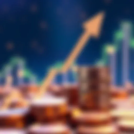 A graphic showing Dogecoin coins stacked with a rising arrow indicating potential value increase due to upcoming events.