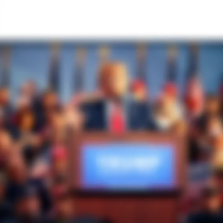 Donald Trump addresses a crowd from a podium with American flags in the background, showcasing his leadership style.