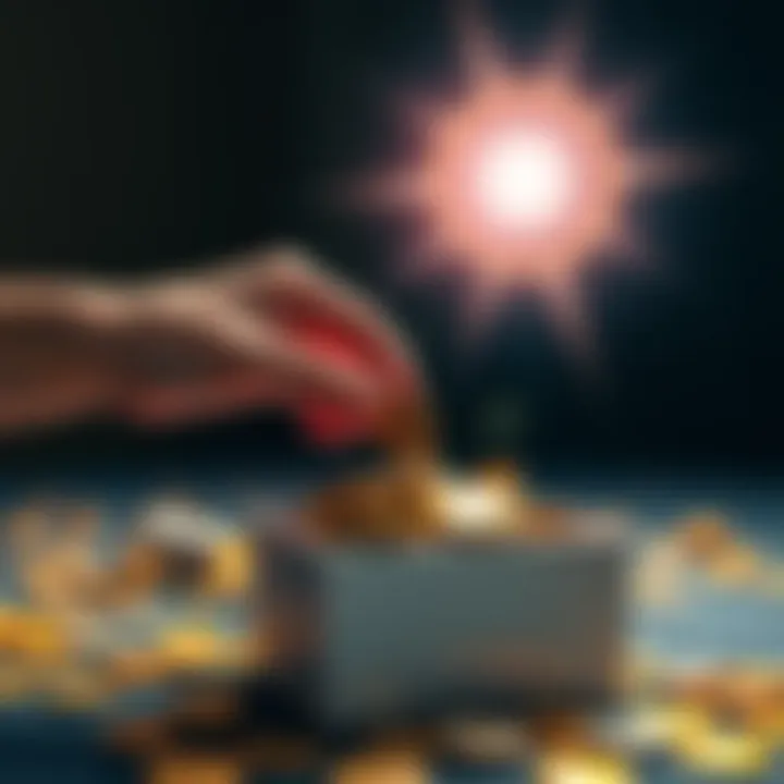 A hand giving digital coins to a charity box, symbolizing support for various causes.