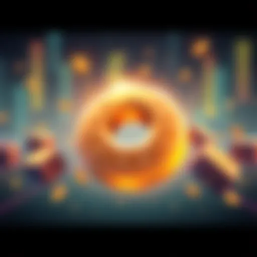 A graphic representation of the DONUT coin with a digital currency theme, featuring a golden donut shape and currency symbols.