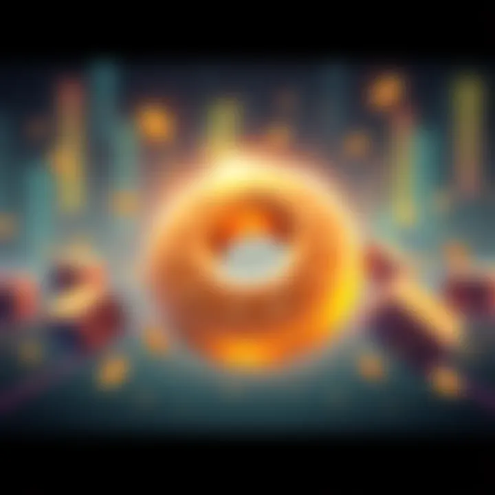 A graphic representation of the DONUT coin with a digital currency theme, featuring a golden donut shape and currency symbols.