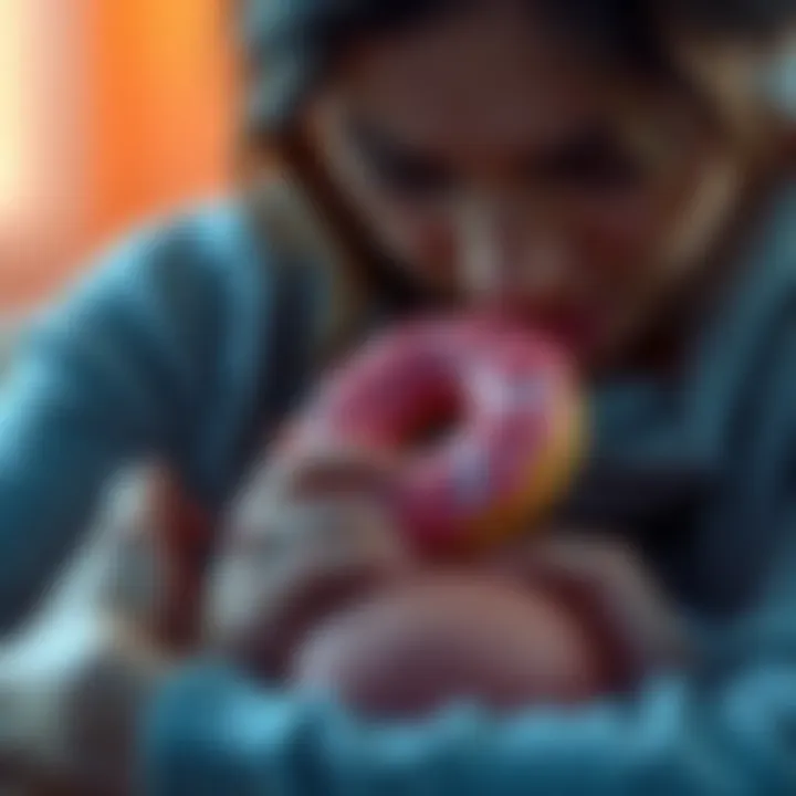 A close-up of a concerned mother holding her baby while looking at a DONUT-shaped object, symbolizing the controversy surrounding its effects on infants.