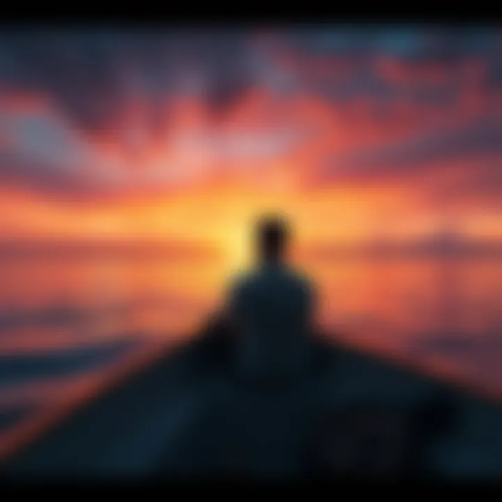 A person sitting on a boat looking out at a sunset, lost in thought about wealth and dreams of Kaspa.