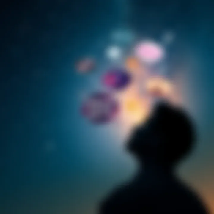 A person gazing at a starry sky, contemplating the possibilities of dreams turning into reality, with thought bubbles of various ideas above their head.