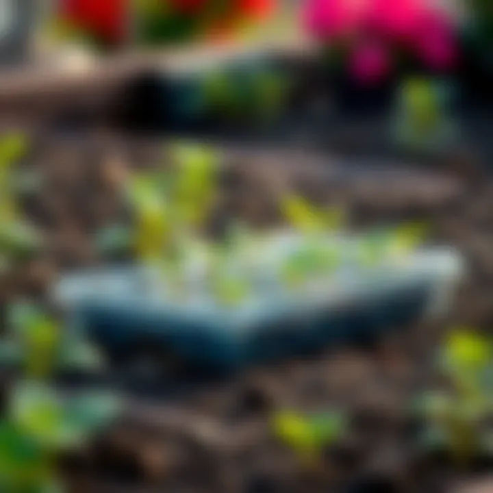 A sturdy and affordable seed phase plate placed in a garden with small plants growing around it