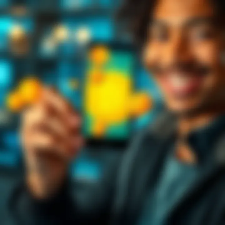 A person smiling while holding a smartphone displaying Bitcoin graphics and money symbols, symbolizing earning Bitcoin through monthly payments and referrals.