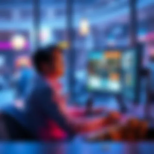 A person sitting at a desk, looking at a screen that displays ads and surveys, with a small pile of virtual Atlas Bucks on the side.