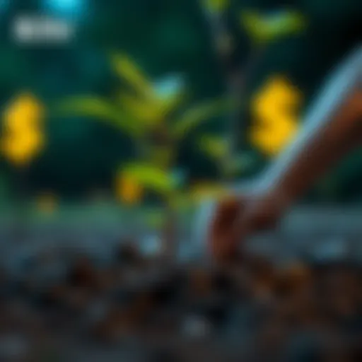 A person planting a tree with carbon credit symbols in the background, symbolizing sustainability and profit opportunities.
