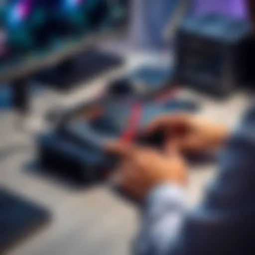 A person connecting an RX 580 graphics card to an eGPU dock on a desk, showcasing hardware compatibility