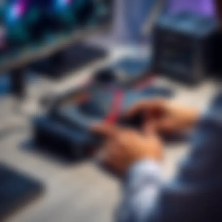 A person connecting an RX 580 graphics card to an eGPU dock on a desk, showcasing hardware compatibility