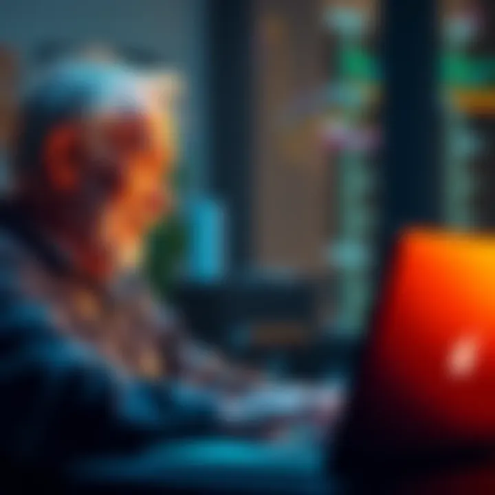 An elderly man looking at his laptop, smiling as he checks his rising cryptocurrency investments
