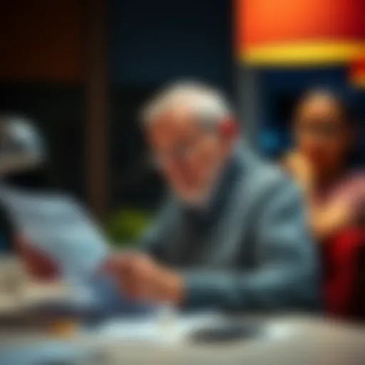 An elderly man sitting at a table, looking concerned as he reviews financial documents related to a Bitcoin investment scam, while a younger person stands by with a concerned expression.