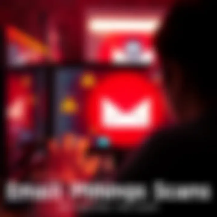 A person looking at a suspicious email on their computer screen, with warning symbols around it.