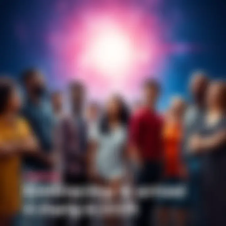 A group of diverse people standing together, looking towards a bright future with hopeful expressions, symbolizing transformation and opportunity.