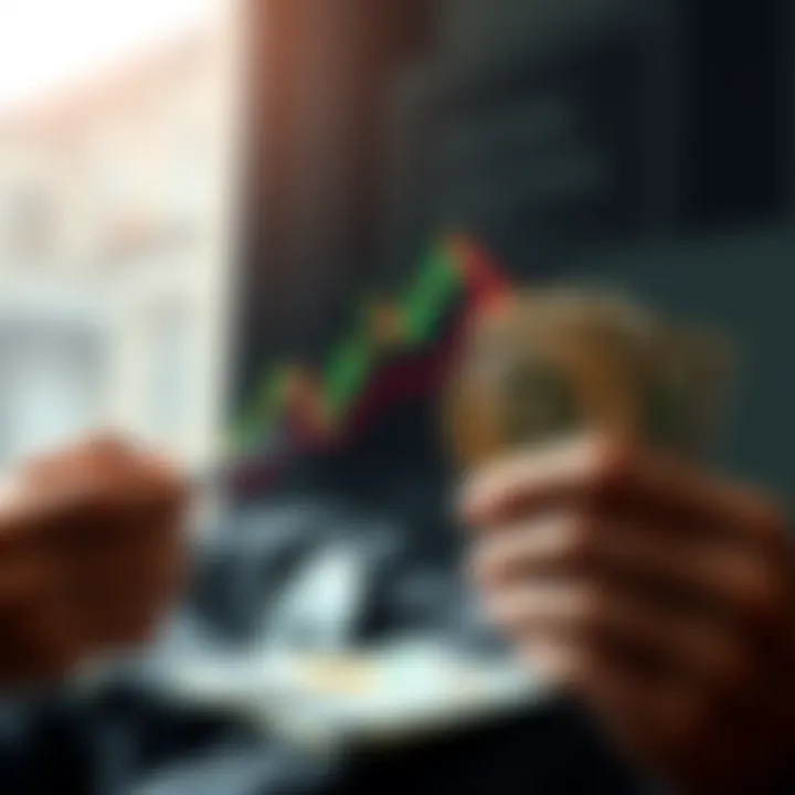 A person examining a Bitcoin chart while holding cash, symbolizing the importance of an emergency fund alongside cryptocurrency investment.