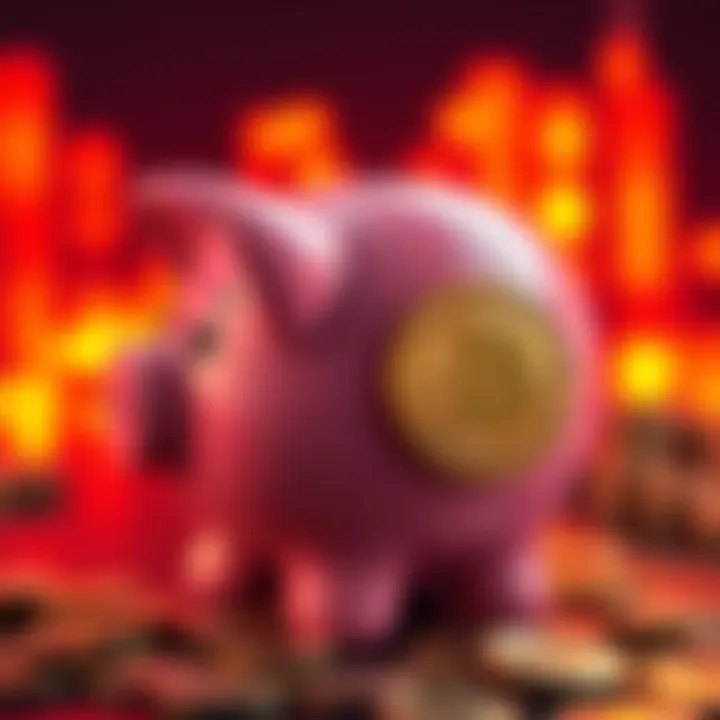 A piggy bank with coins and a Bitcoin symbol, representing the need for savings before investing.