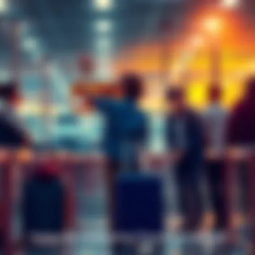 A person waving goodbye at an airport with a suitcase, their loved ones watching with mixed expressions of sadness and support.