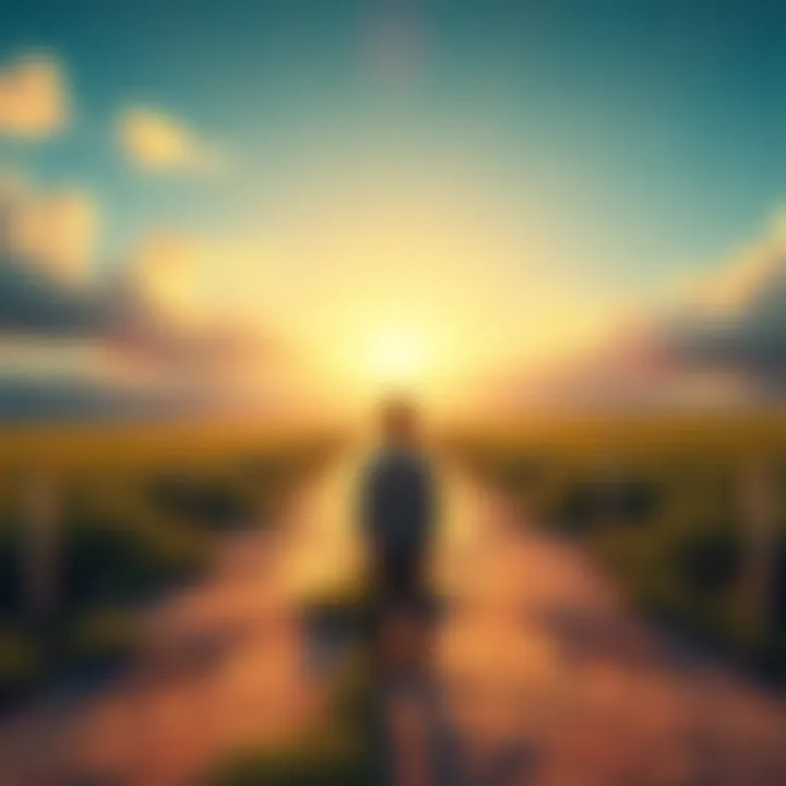 A person standing on a path with a hopeful expression, looking towards a bright horizon, symbolizing emotional preparation and anticipation.