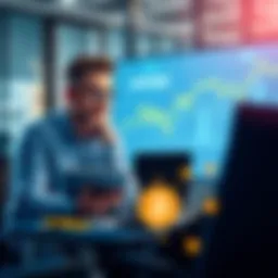 A manager explaining Bitcoin investment concepts to an employee using a laptop and charts.