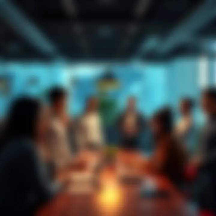 A diverse group of people brainstorming and collaborating in a modern office space, symbolizing entrepreneurship and freedom.