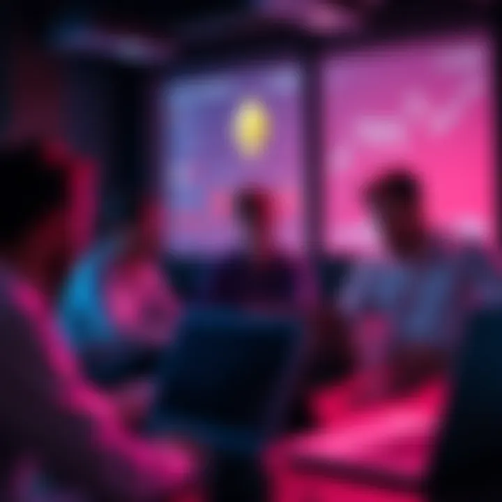 A group of people discussing Ethereum topics with laptops and charts in a modern workspace
