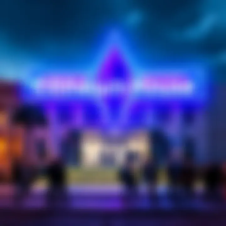 The Ethereum House in San Francisco, showcasing a modern building with people gathered outside for the launch event, celebrating innovation in web and blockchain development.